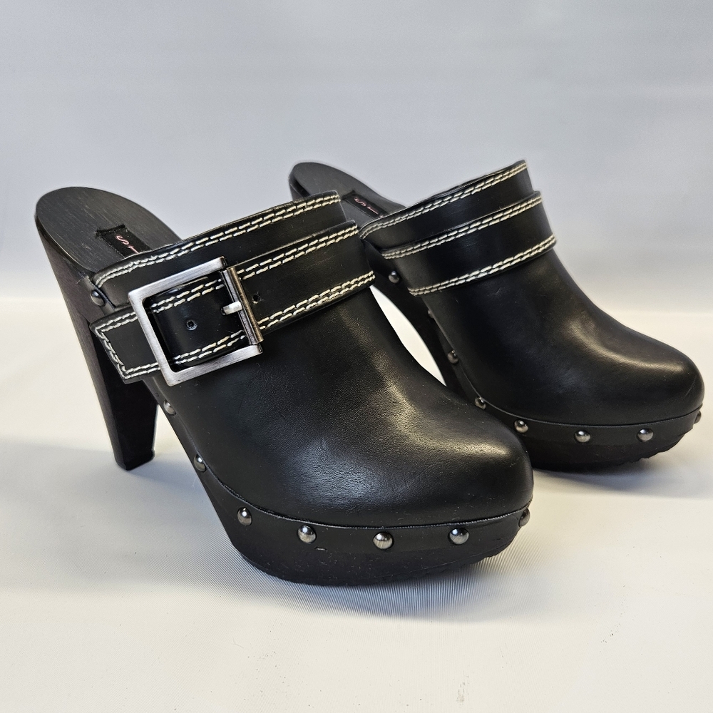 Y2k Steven Steve Madden Black Clog Heels Mules Studded Faux Leather Wood 7
